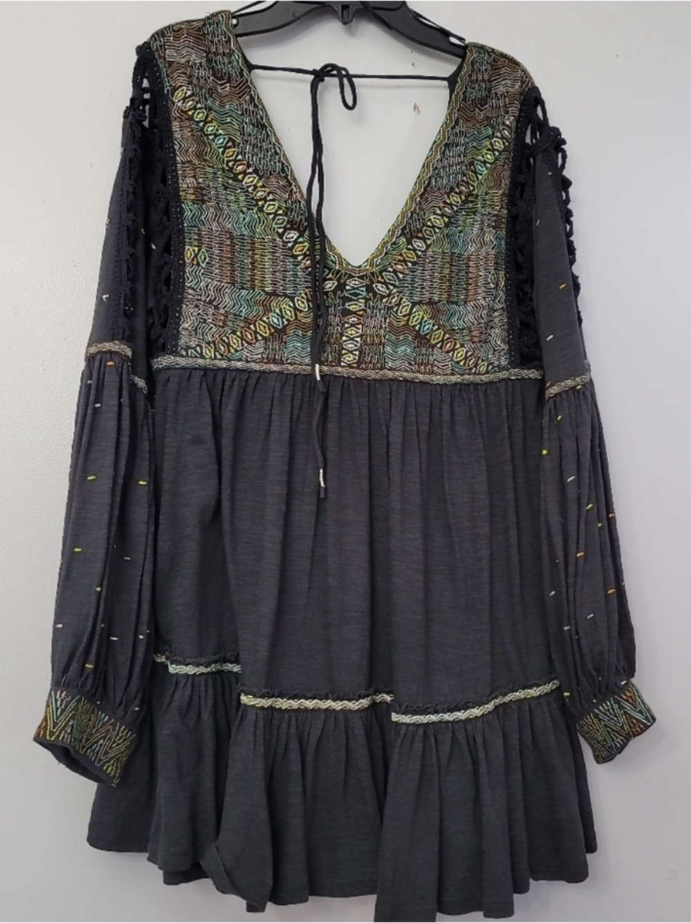 Free People Black Tunic with Multicolor Embroidered Yoke